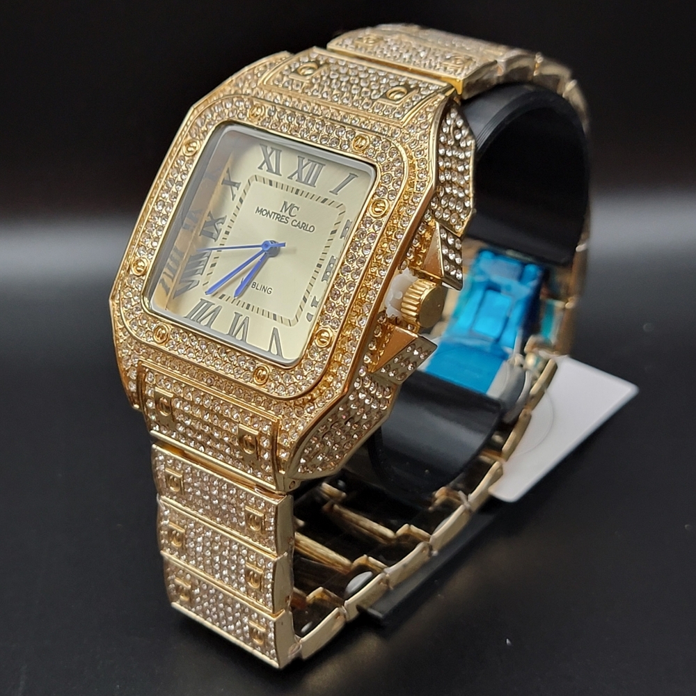 NWT Montres Carlo 45mm Pave Crystal Chunky Quartz Watch Gold Tone Iced Out Bling